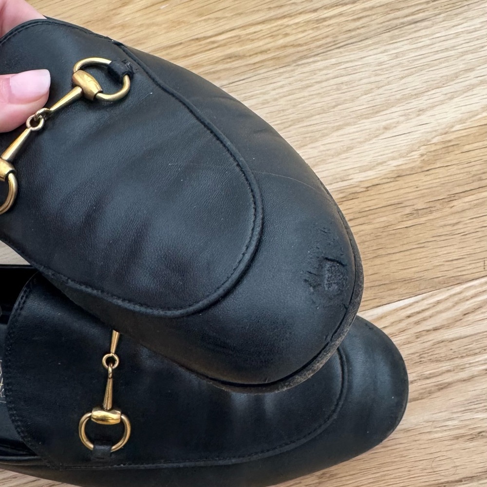 Gucci Brixton Black Leather Loafers with Gold Hardware